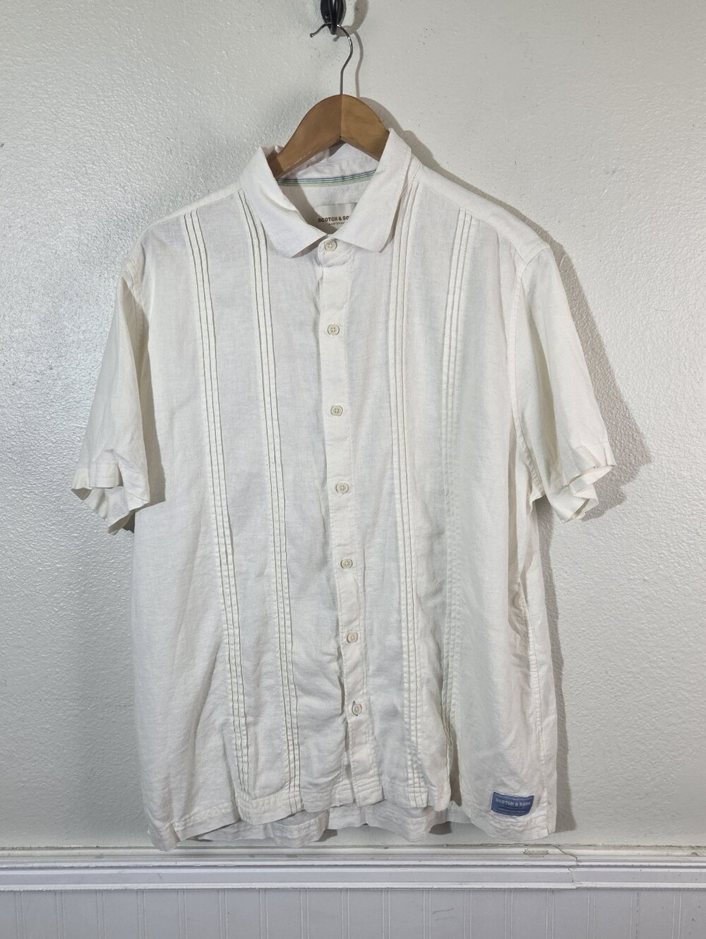 Scotch & Soda Amsterdam Linen Blend Shirt Mens XL White Pintuck Short Sleeve
